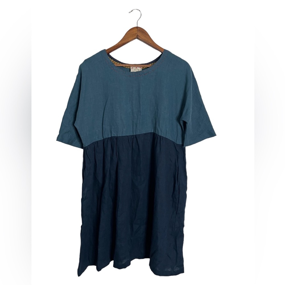 Linen Lagenlook Dress Iris L.A. Linen Size Large Blue Color Block LagenLook